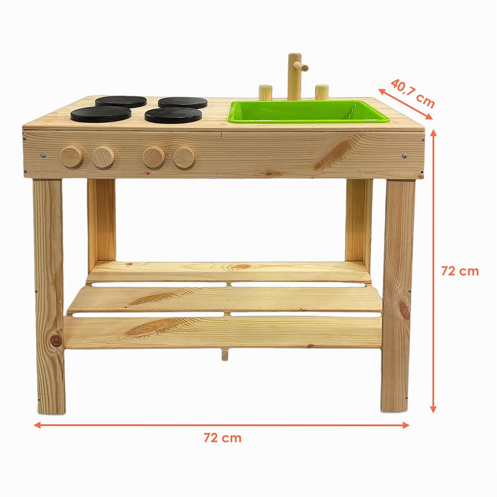 Giocattolo da cucina in legno per bambini – 72 cm – Cucina giochi con lavabo e piani cottura – Giardino per bambini cucina sabbia giardino cucina giocattolo per esterni