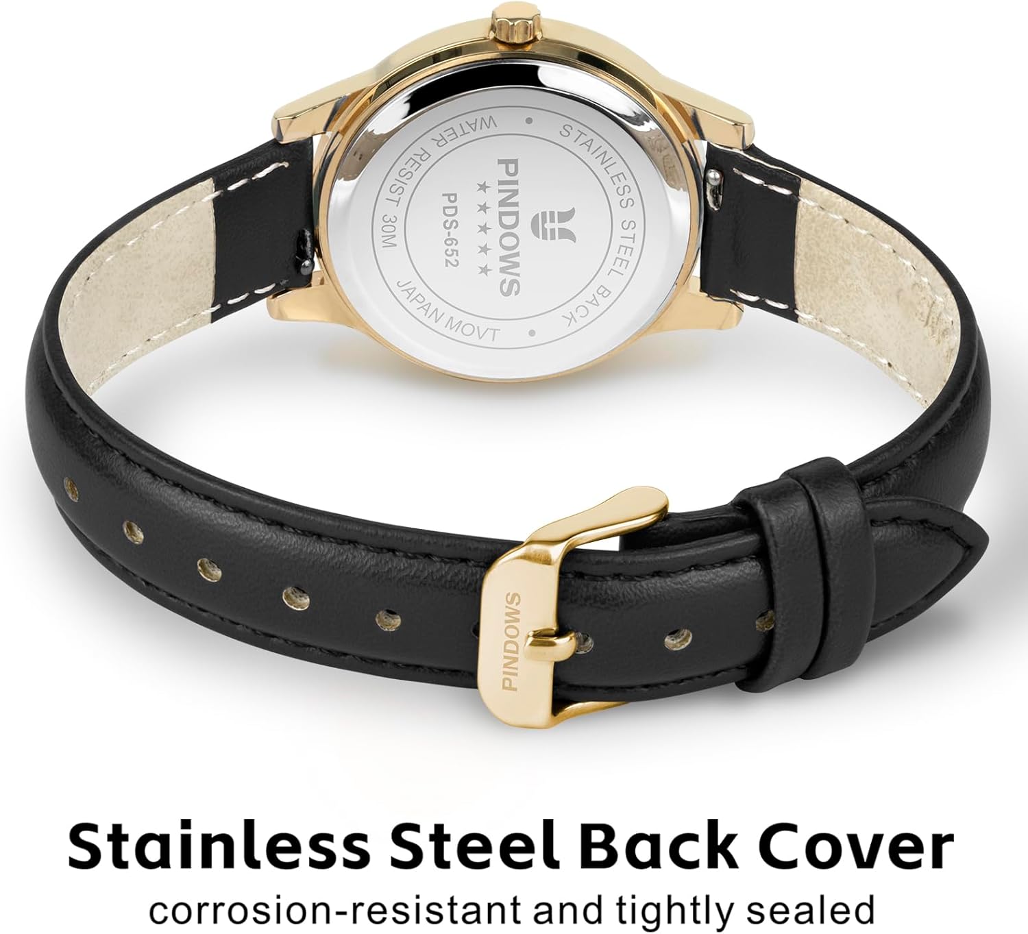 PINDOWS Minimalist Watches for Women, Gold-Tone Case with Black Leather Strap, Fashionable, Everyday Elegant Quartz Analog Dress Watch - Image 3