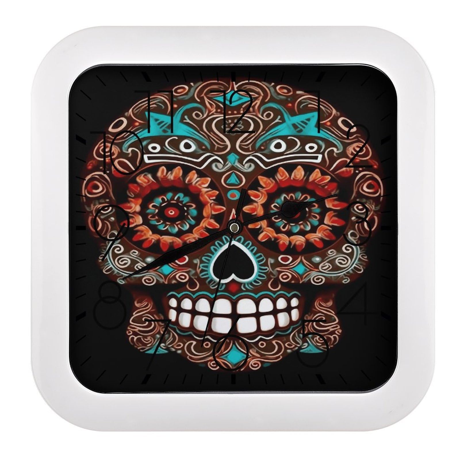 FekiLoot Sugar Skulls Day of The Dead Wall Clock 10.2" Modern Farmhouse Square Clocks Silent No Ticking, Wall Art and Timepiece Clock for Shelf Table Mantel Or Bedside Clocks