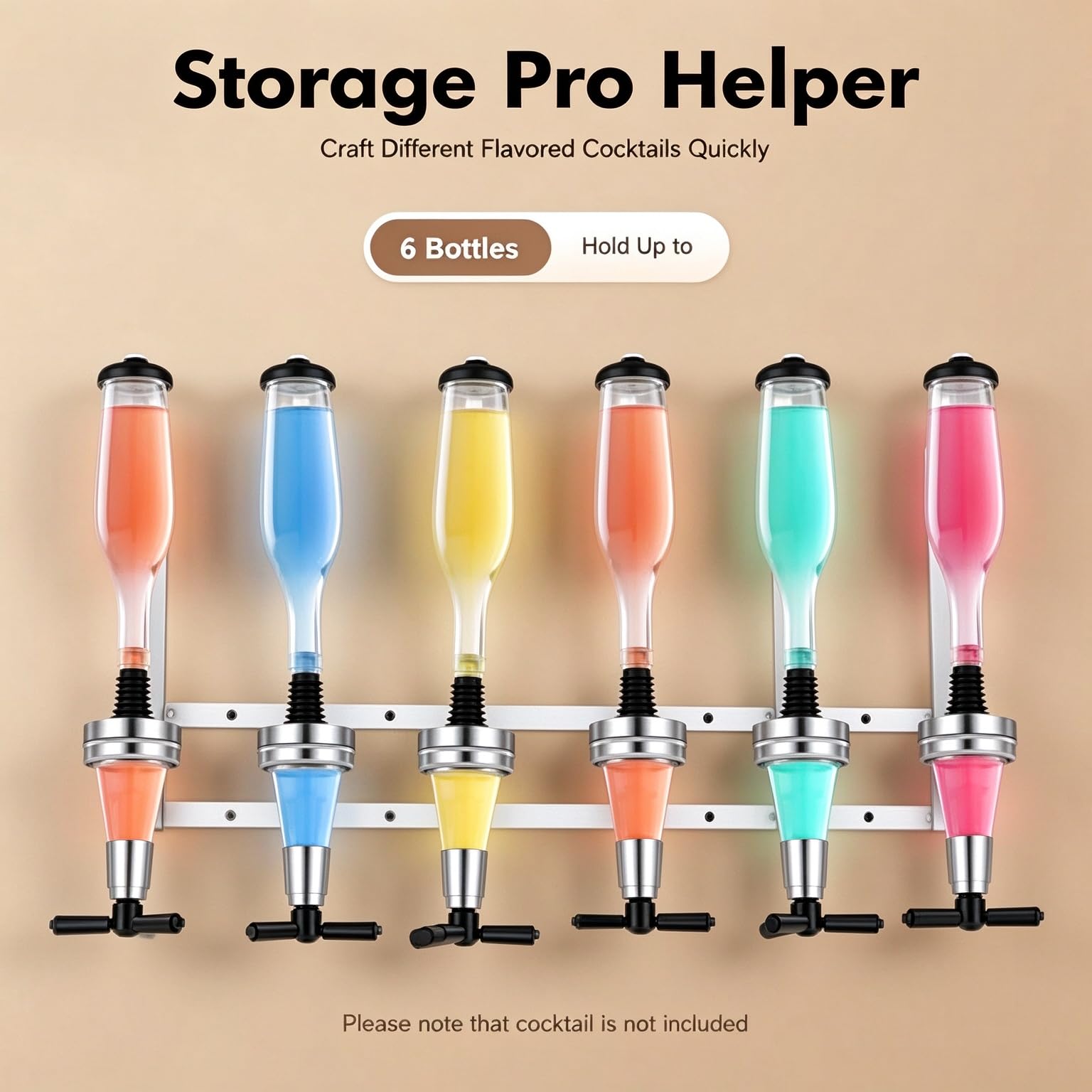 Dispenser Di Liquidi A Parete Per 6 Flaconi Con Supporto Per Pompa Regolabile, Ideale Per Cucine, Bar E Per Riporre Bevande Durante Le Feste. Realizzato In Metallo E Abs, Dal Design Salvaspazio.