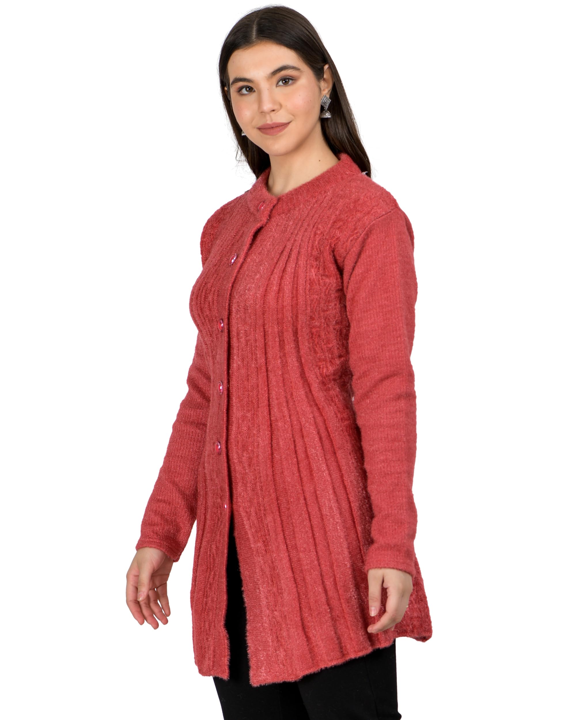 Lady Willington Women Woolen Round Neck Self Design Long Cardigan Shrug  Heavy Rainbow Cardigan Winter Wear Pure Wool Cardigans for Women Long Cotty