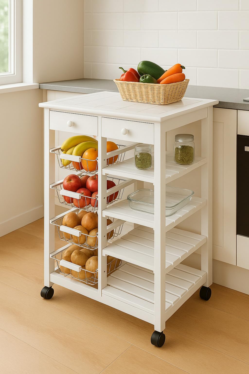 Carro DE Cocina con Ruedas, VERDULERO FRUTERO Doble, 4 CESTAS 4 BALDAS Y 2 CAJONES Color Blanco