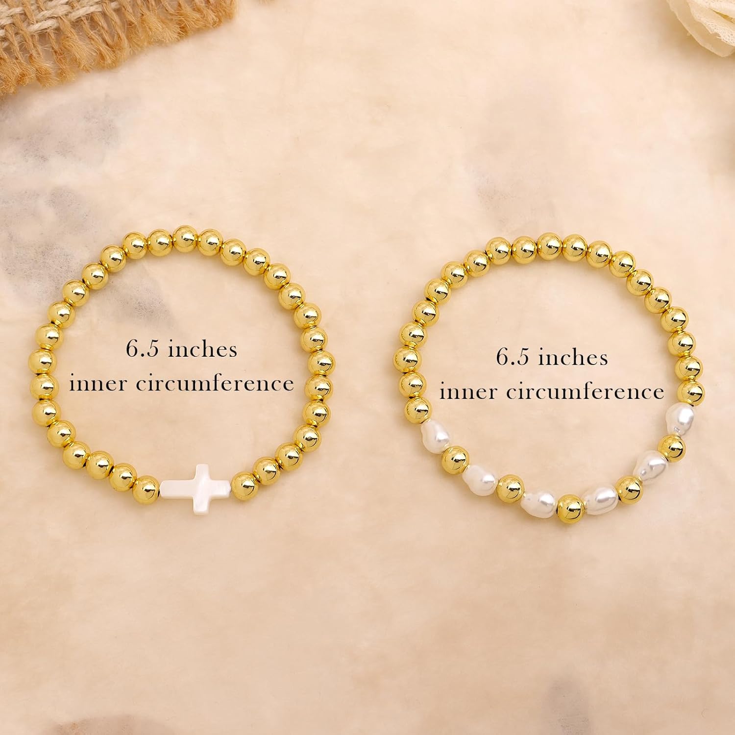 Cross Gold Beaded Stack Bracelets Set for Women, 2Pcs Dainty Handmade Pearl Beads Stackable Stretch Bracelet Everyday Fashion Jewelry Gift. - Image 3