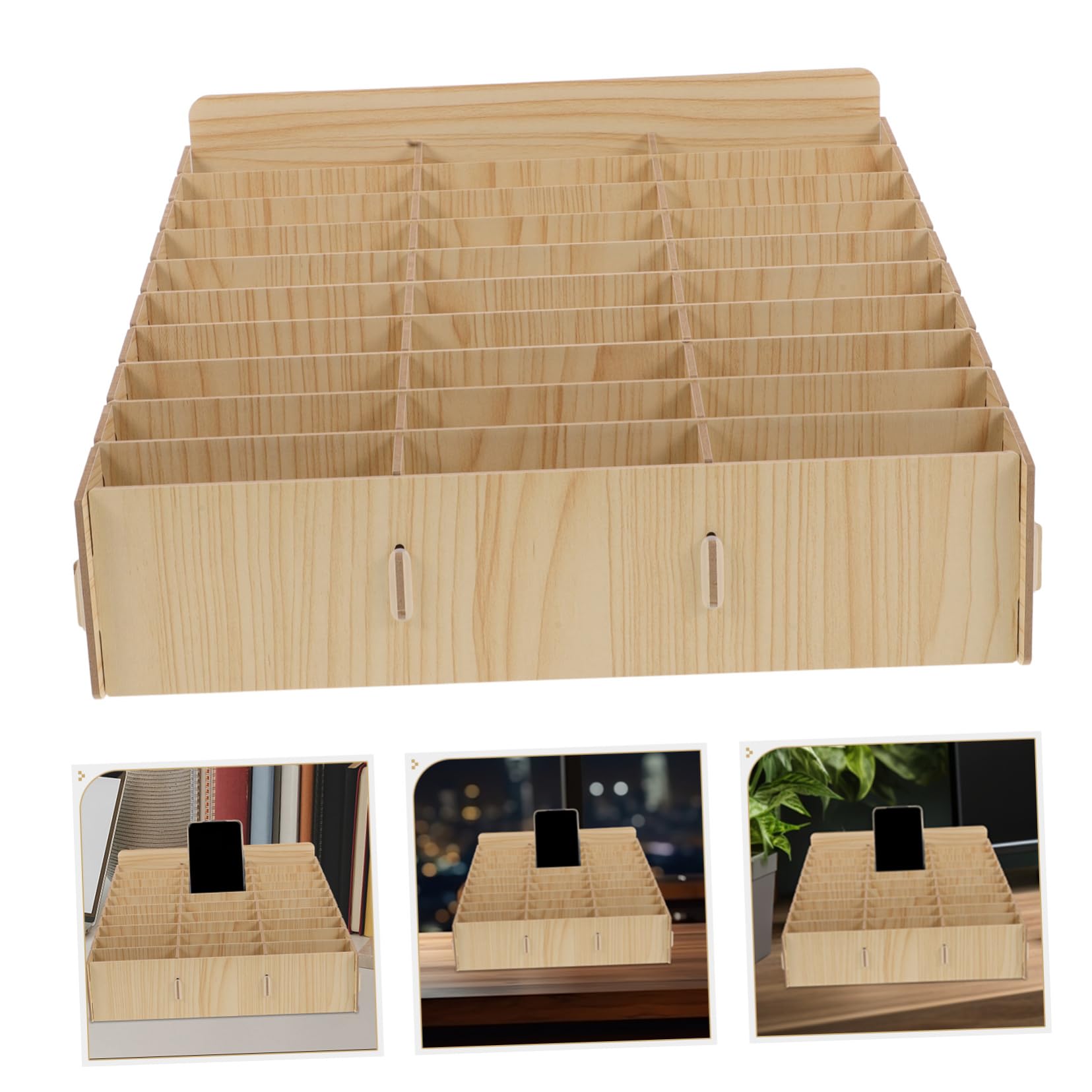 Scatola Portaoggetti per Telefono Cellulare 30 Scomparti in Legno Beige | Organizer da Scrivania Multi-scomparto, Porta Calcolatrice e Cavi, per Aula e Scuola