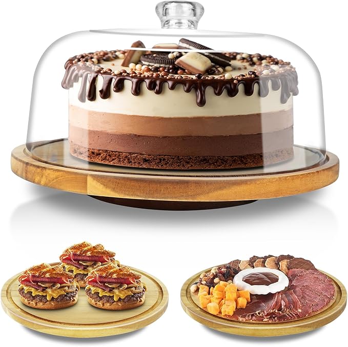cutesun Wood Cake Stand with Lid, 12in Acacia Wood Cake Plate with Cover, Wooden Cake Display Stand with Acrylic Dome, Cake Holder Tray for Wedding Gift,Kitchen,Birthday,Parties,Baking Gifts