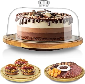 Cutesun Wood Cake Stand with Lid, 12in Acacia Wood Cake Plate with Cover, Wooden Cake Display Stand with Acrylic Dome Not Glass, Cake Holder Tray for Wedding Gift,Kitchen,Birthday,Parties,Baking Gifts