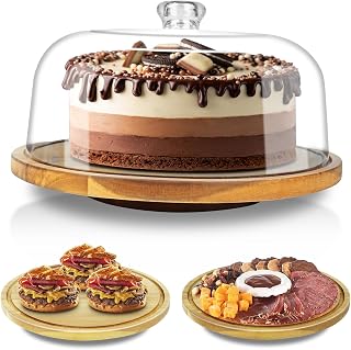 cutesun Cake Stand with Lid, 12in Acacia Wood Cake Plate with Cover, Wooden Cake Display Stand with Acrylic Dome (Not Glass), Cake Holder Tray for Wedding Gift，Kitchen,Birthday,Parties,Baking Gifts