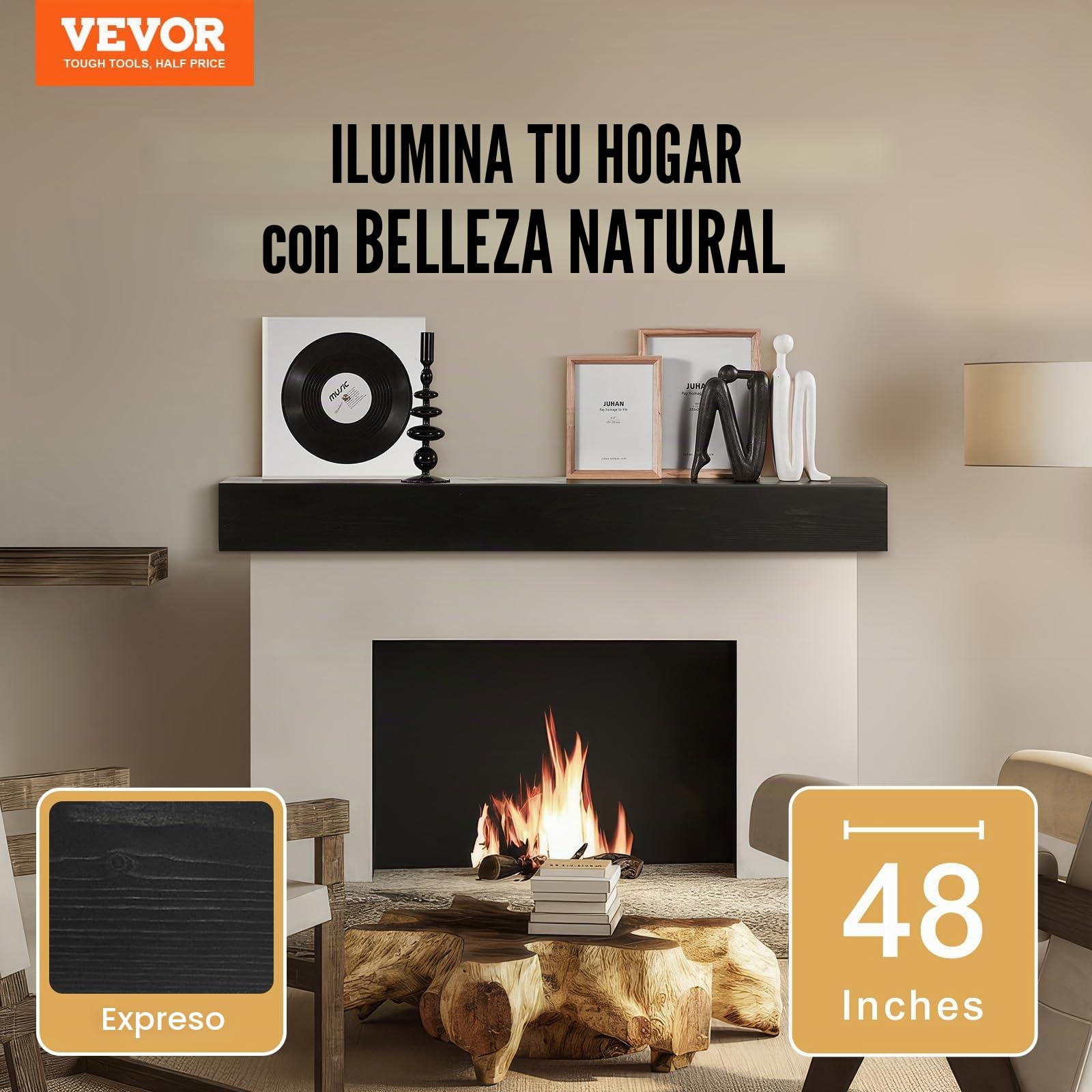 VEVOR Repisa de Madera Natural Hecha a Mano para Chimenea, Capacidad de Peso de 22,7 kg, Estante Flotante de Granja Montado en la Pared, para Decoración de Pared, Espresso, 122 x 20,3 x 12,7 cm