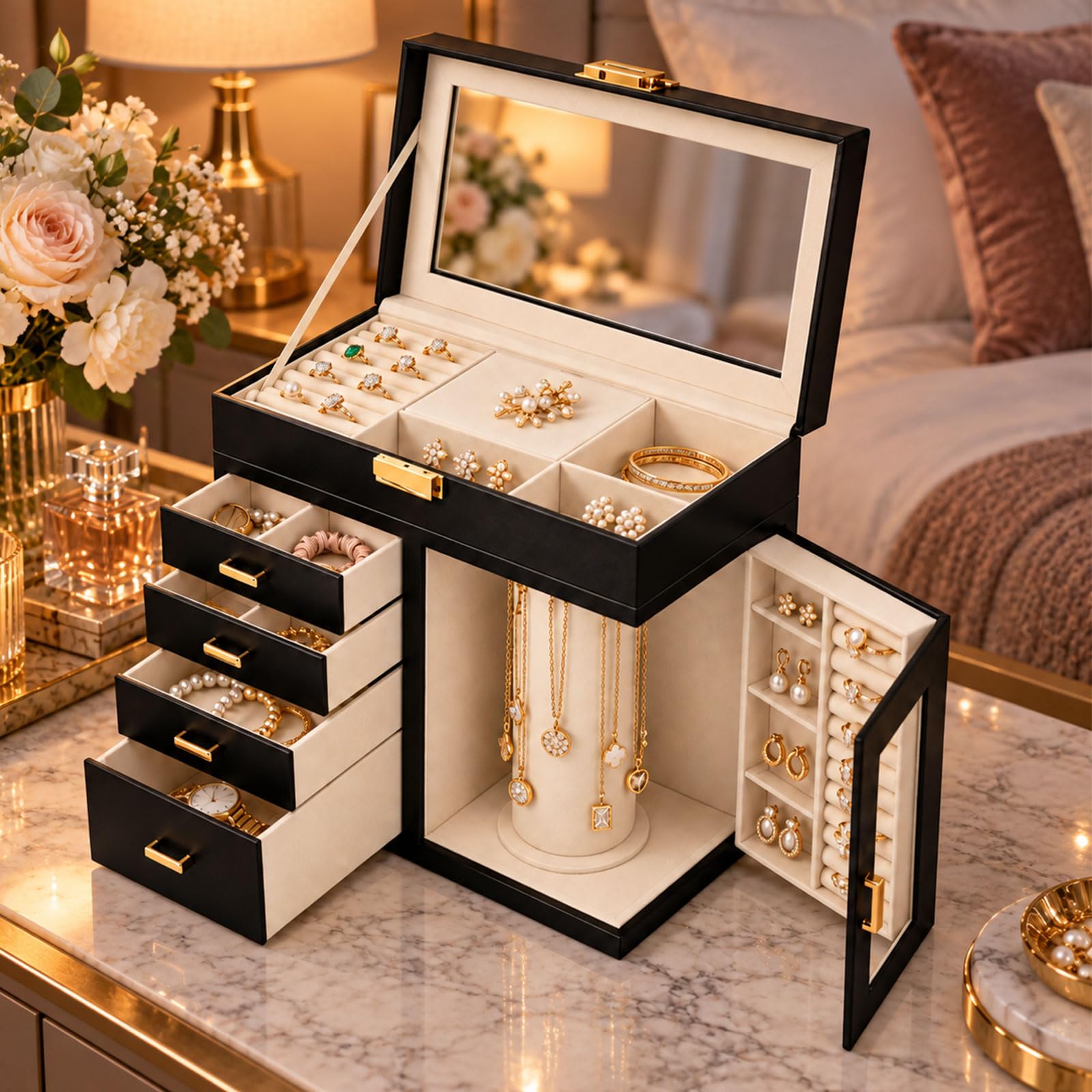 Organizador de joyas Vanity con apertura de vías y cajones