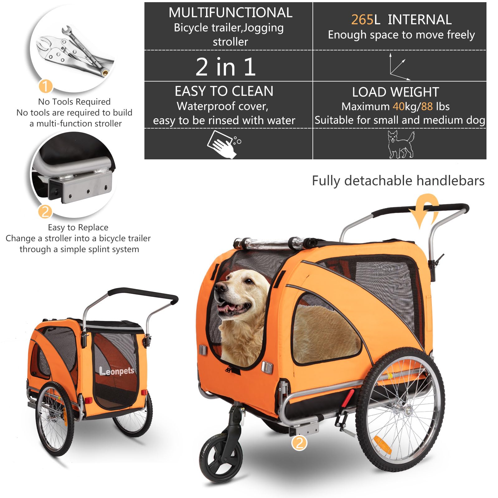 SEPNINE Rimorchio Per Cani 2 In 1 Per Bicicletta, Rimorchio Per Cani, Con Freni, Finestre In Plastica Trasparente Proteggono Dalla Pioggia