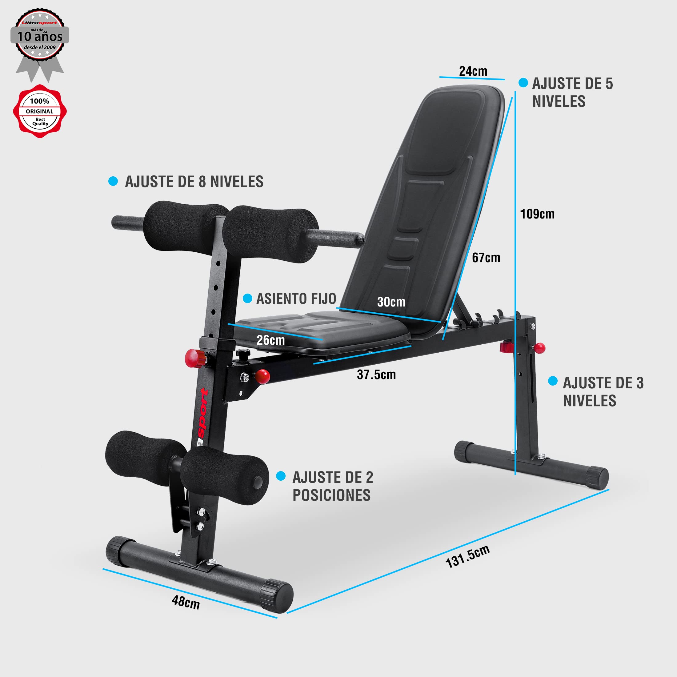 Ultrasport banco de pesas, multifuncional, plegable, banco plano, banco de abdominales, ajustable en 18 posiciones, repelente al agua, entrenador de abdominales, capacidad de carga hasta 500 kg