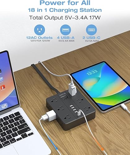 Miniatura 5 de Regleta de alimentación de enchufe plano, cable de extensión de 5 pies con 12 salidas y 6 puertos USB (4 USB-A, 2 USB-C), protector de