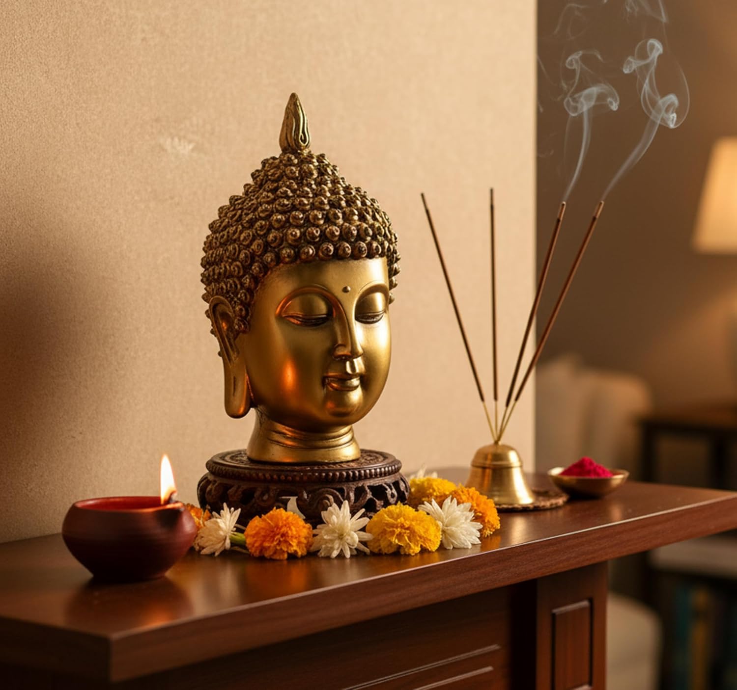 eSplanade Buddha Head Statue for Home Decor | Resin Buddha Face Showpiece for Living Room, Meditation, Office Table Desk, Shelf | Tibetan Buddhist Idol | Zen or Yoga Figurine Gifts | Golden, 9 Inch