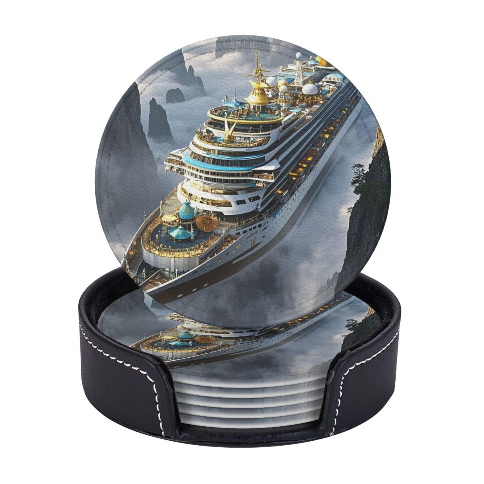 6Pcs PU Leather Coaster for Drinks, Cruise Ship Cup Coasters with Holder, Aesthetic Drink Coasters for Coffee Table, Round Coaster for Tabletop Protection 4" Cup Mat Pad