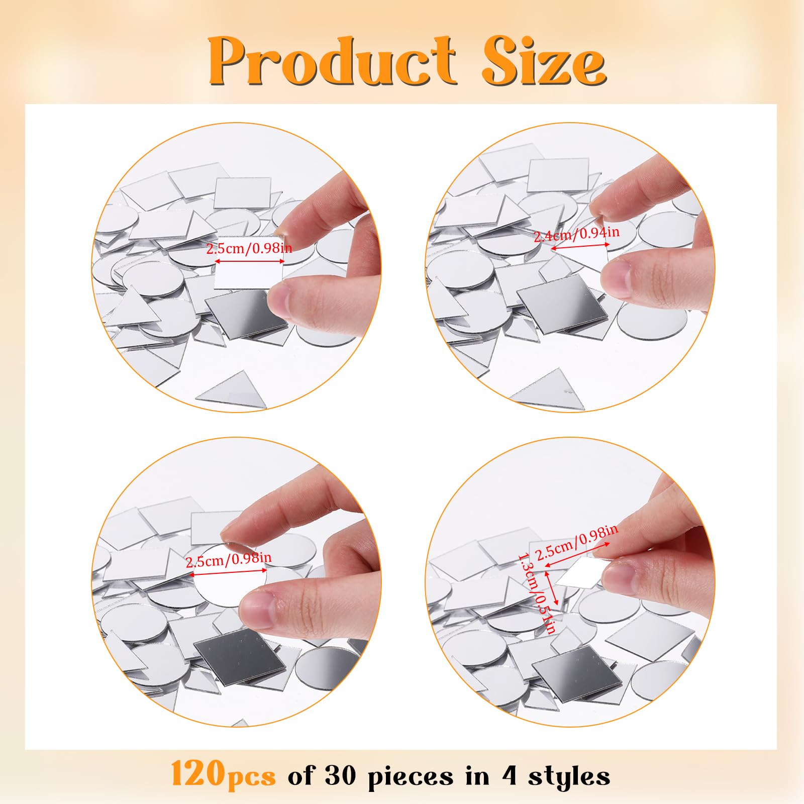 120 PCS 4 Shapes Mirrors for Crafts, 1 Inch Small Mirror Pieces for Crafts DIY Mini Mirror Mosaic Tiles Triangles/Squares/Rounds/Rhombus for Disco Ball Lamp Framing Decoration