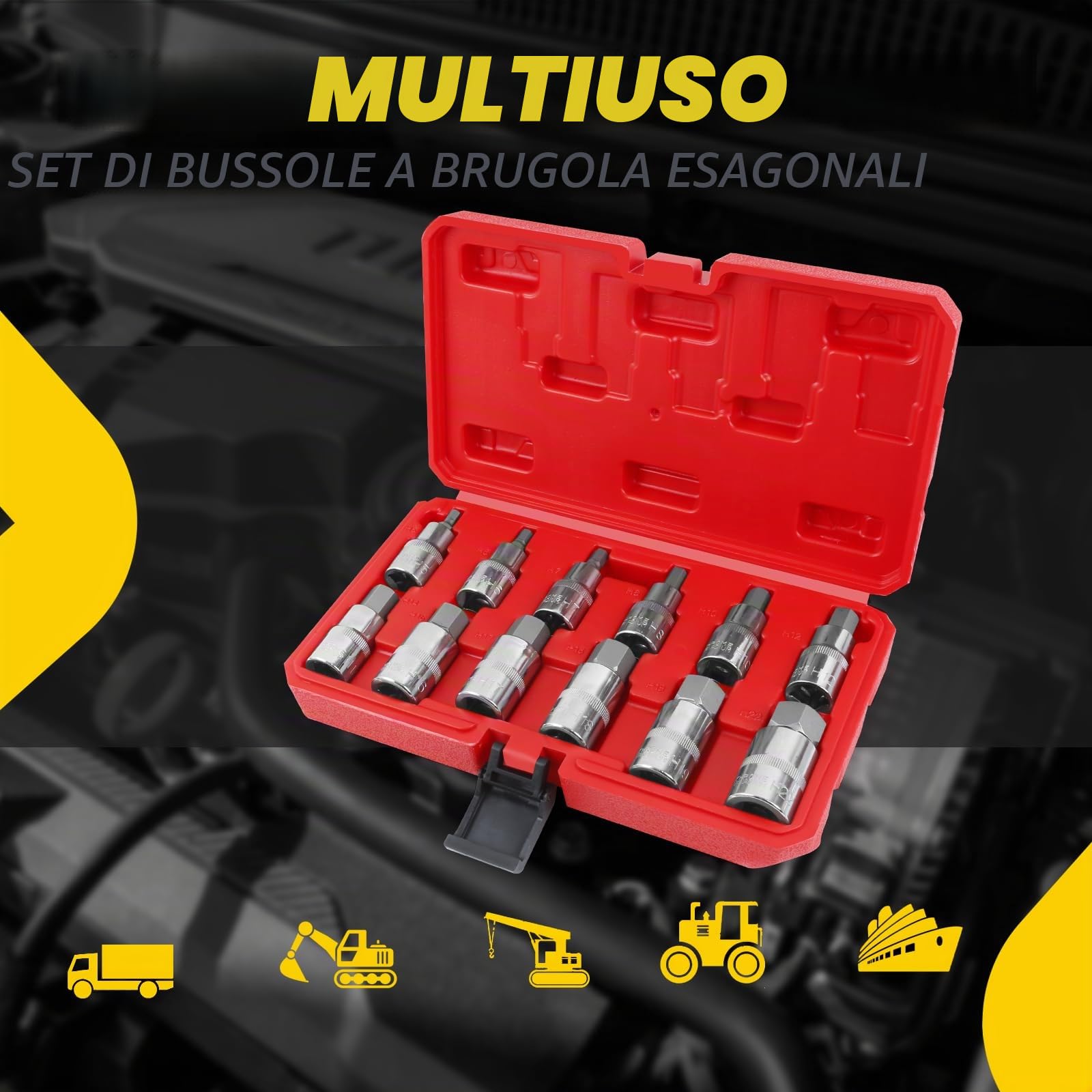 12 Pezzi Set di bussole per chiavi a brugola, 1/2" Set di bussole a bussola esagonali, Chiavi a Bussola 5,6,7,8,10,12,14,16,17,18,19,22 mm
