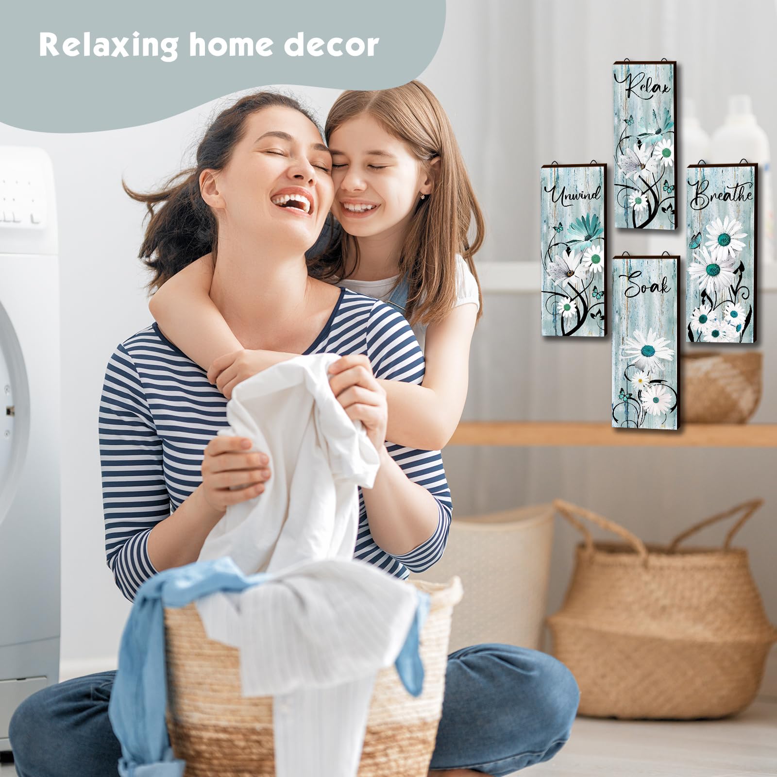 4 piezas de decoración de pared de madera de margarita verde azulado para baño, decoración de pared de madera verde azulado Relax Soak Unwind Breathe Flower Rustic Farm Sign turquesa azul 6