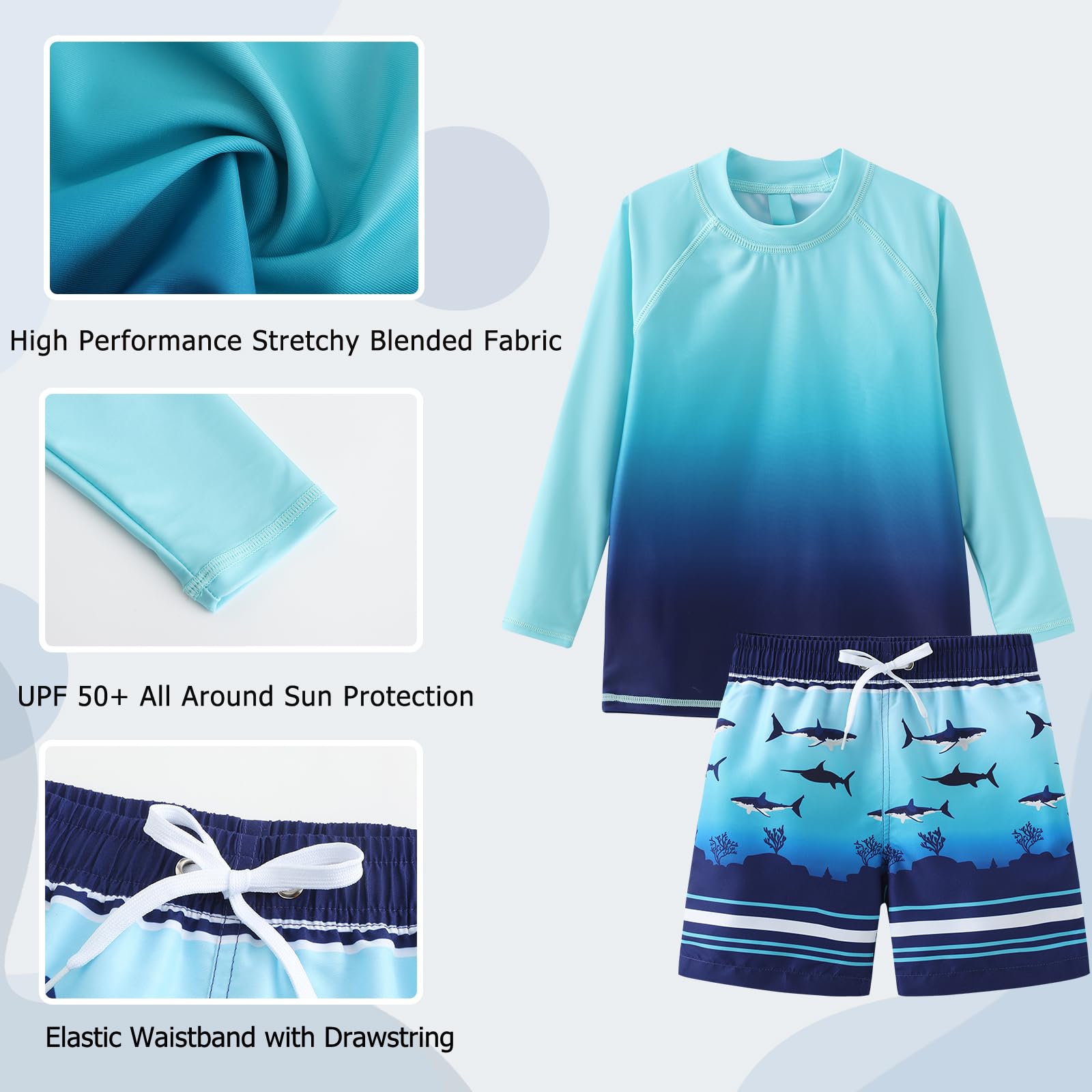Maillot de Bain Garcon 2 pièces Tshirt UV Enfant à Manches Longues Haut de Bain Anti UV Garcon Short de Bain Garcon Enfant pour Surf Natation Piscine Plage 5-16 Ans