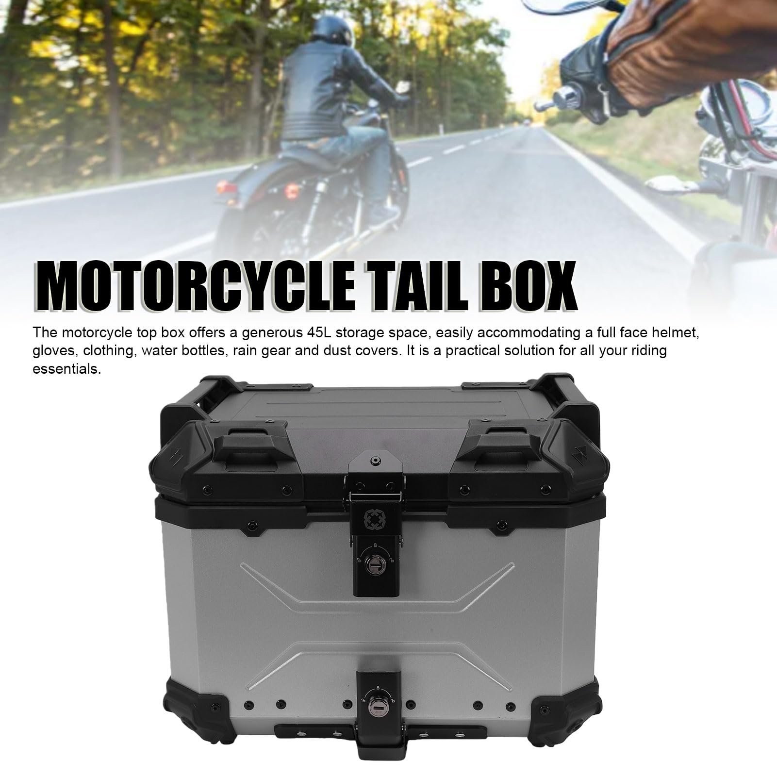Bauletto Posteriore per Moto, 45 Litri, in Plastica ABS, con Imbottitura Isolante in PU Lavabile di Sgancio Rapido, Antifurto per Moto con portapacchi.