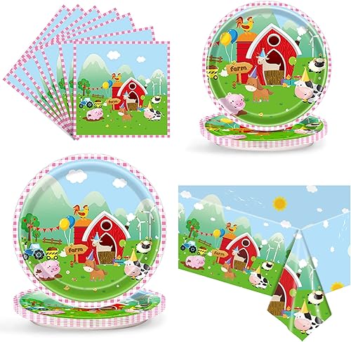 Suministros para fiesta de cumpleaños de granja, juego de vajilla con temática de animales, 25 platos de papel de 9 y 7 pulgadas, 25 servilletas de