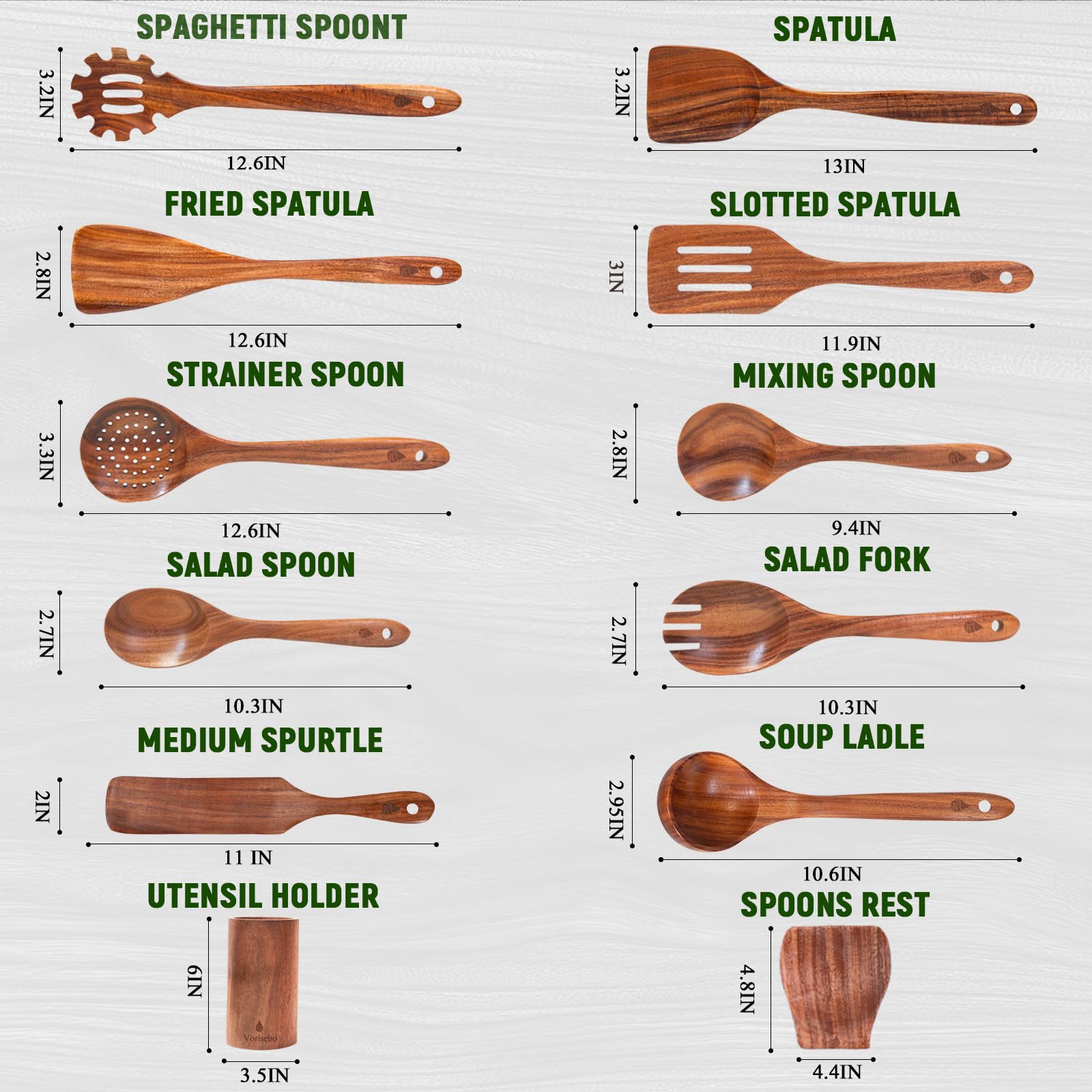 12-teiliges Holzlöffel zum Kochen, natürliches Teakholzutensilien-Set, handgefertigtes Küchenhelfer-Set aus Holz mit Halter und Löffel, langlebig, antihaftbeschichtet, Komfortgriff