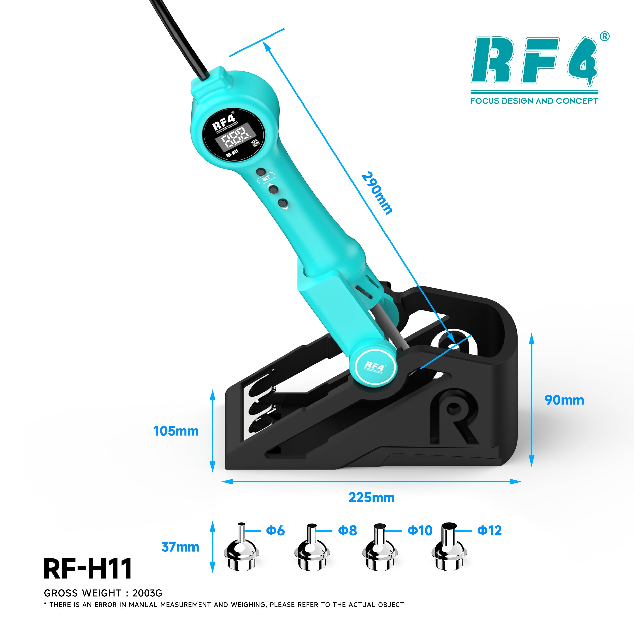 Pistola de aire caliente integrada RF-H11 con base de reposo, hasta 500°, pantalla LCD de aire caliente, ajuste de viento de 10 niveles, reparación de soldadura de PCB y CI