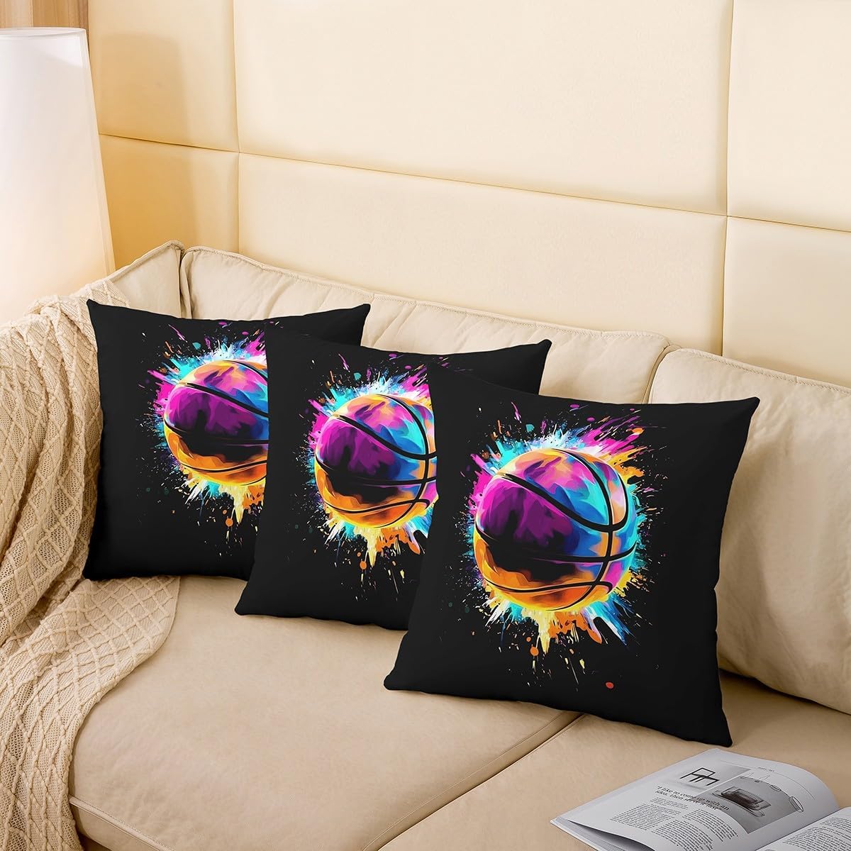 jejeloiu Basketball Cushion Case Gaming Sports Throw Pillow Covers 16"x16" Soft for Kids Boys Girls Decor Gift for Basketball Lover Paint Splashes Decor Pillowcases Room Decor image 4