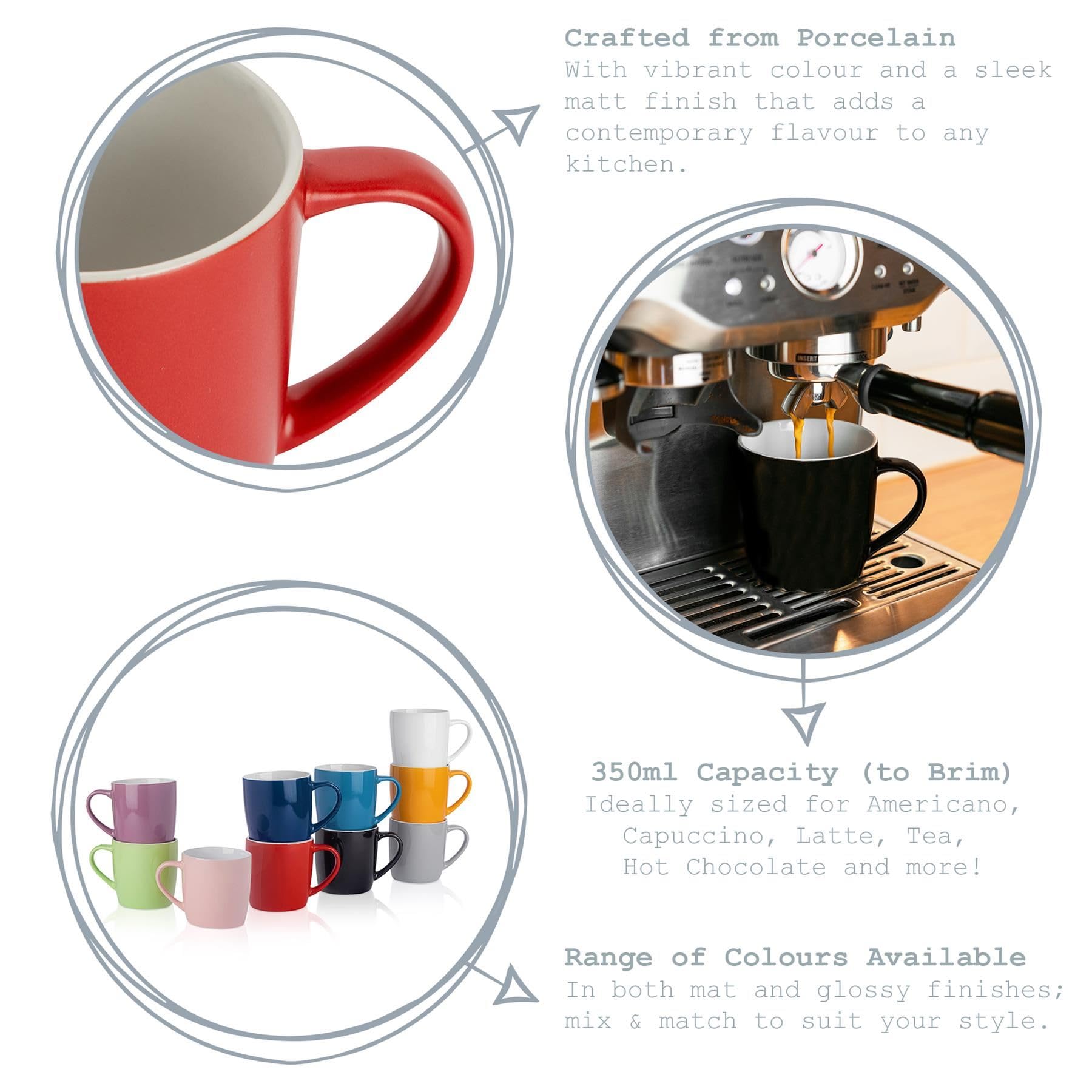 Argon Tableware Farbig Kaffeebecher - Matte Schwarz - 350ml - 12er Packung - Matt Keramik Steingut Tee Tassen Latte Cappuccino Tassen Heiße Schokolade Tassen Bunt Becher Set mit Griff