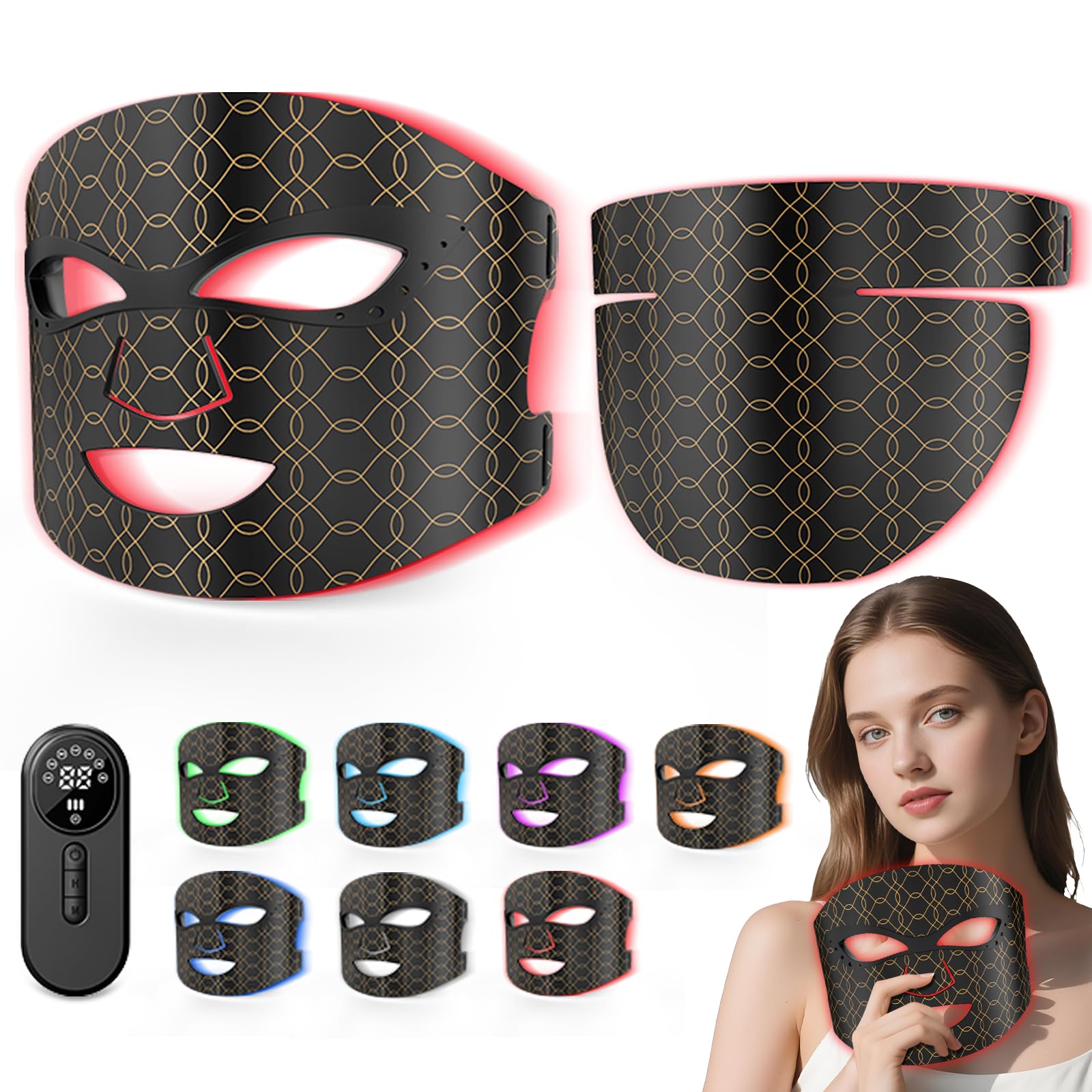 LED Maske Gesicht & Hals, Gesichtsmaske Lichttherapie mit 7 Modi, 608 Perlen Red Light Therapy Face Mask, 855nm NIR, Aufladbar Rotlicht Gesichtsmaske 3000 mAh, Verstellbare Bänder für Hause