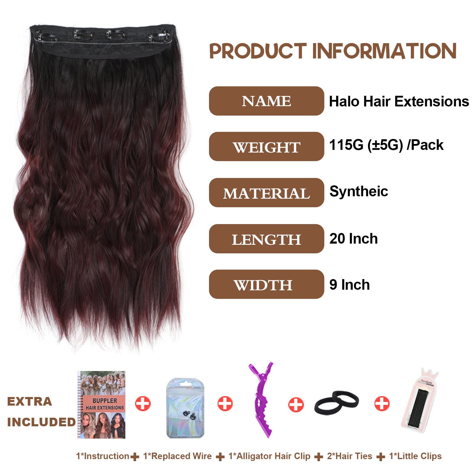 BUPPLER Halo Hair Extensions 20 Inch Invisible Wire Hair Extensions Adjustable Long Wavy Hairpiece Synthetic Upgrade 4 Secure Clips in Hairpieces 20 Inch,Black to Burgundy - Image 2
