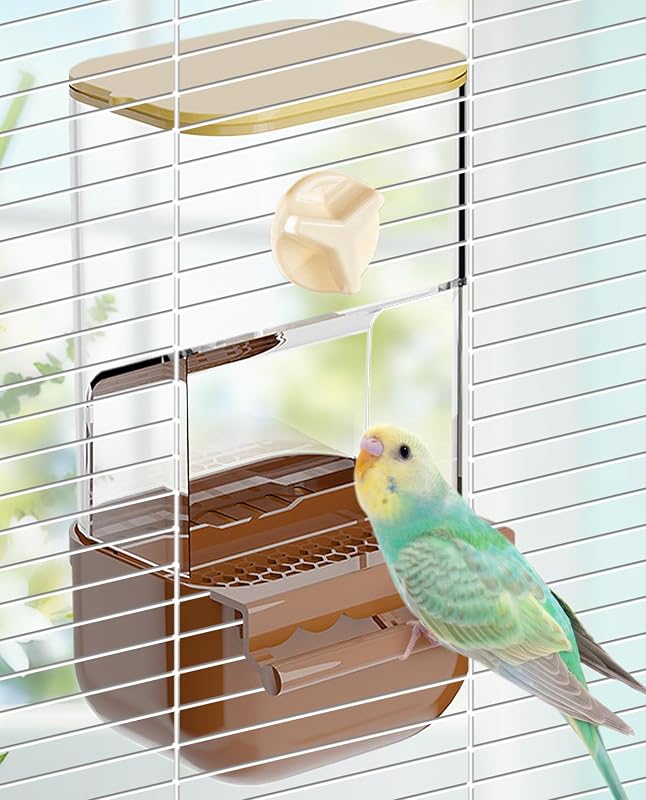 No Mess Bird Automatic Feeder Bird Cage Feeders Parrot Cage Accessories Transparent Seed Food Container with Perch for Finches, Parakeets, Budgies, Lovebirds, Cockatoos, Canaries (Brown)