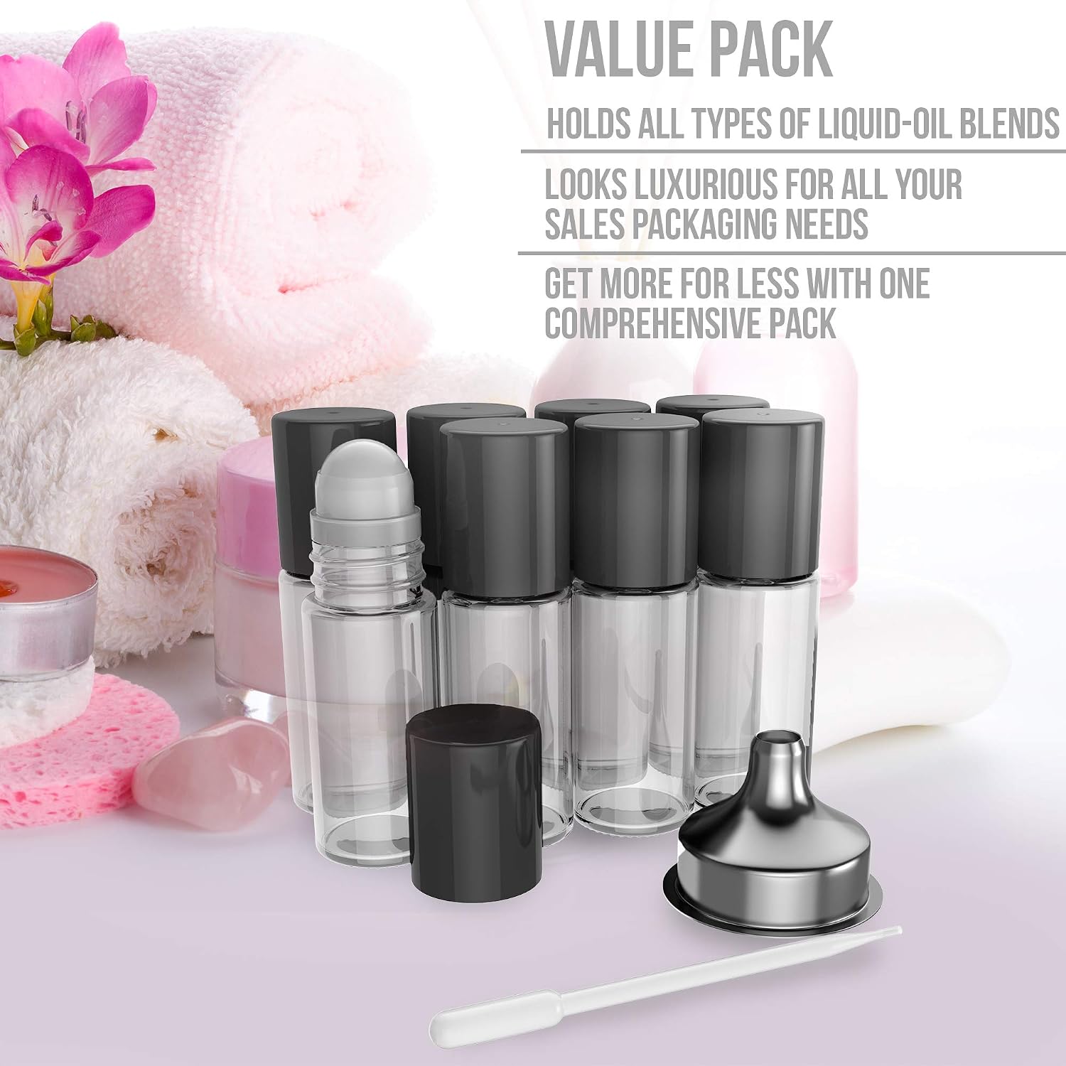 8 Pack Essential Oil Roller Bottles [Plastic Roller Ball] FREE Plastic Pippette and Funnel - Refillable Glass Color Roll On for Fragrance Essential Oil - 30ml 1 oz (CLEAR)