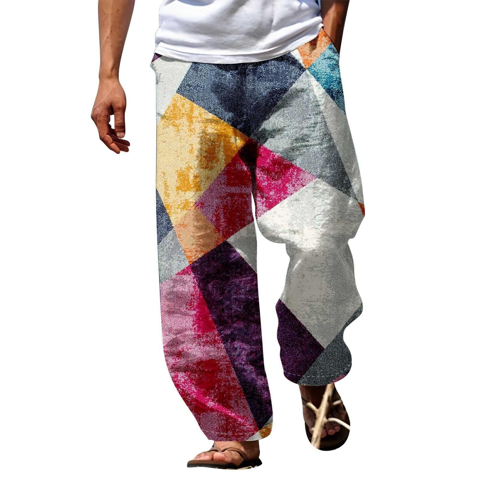 Bukknye Men's B-Grey Patchwork Peace Elastic Waist Hippie Gypsy Trousers