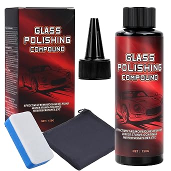 Glass Polishing Compound Kit with Sponge - Car Windshield Oil Film Remover, Water Spot Stain & Light Scratch Remover, Restore Clarity for Automotive Glass, Easy DIY Application