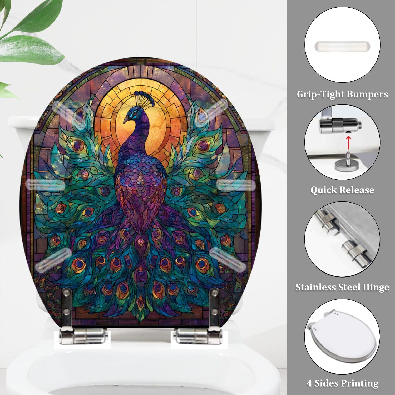 Sedile WC rotondo in resina decorativa di alta qualità, con maestosa decorazione effetto marmo e vetrata, cerniere a chiusura ammortizzata e sgancio rapido, paracolpi e coperchio, facile da installare