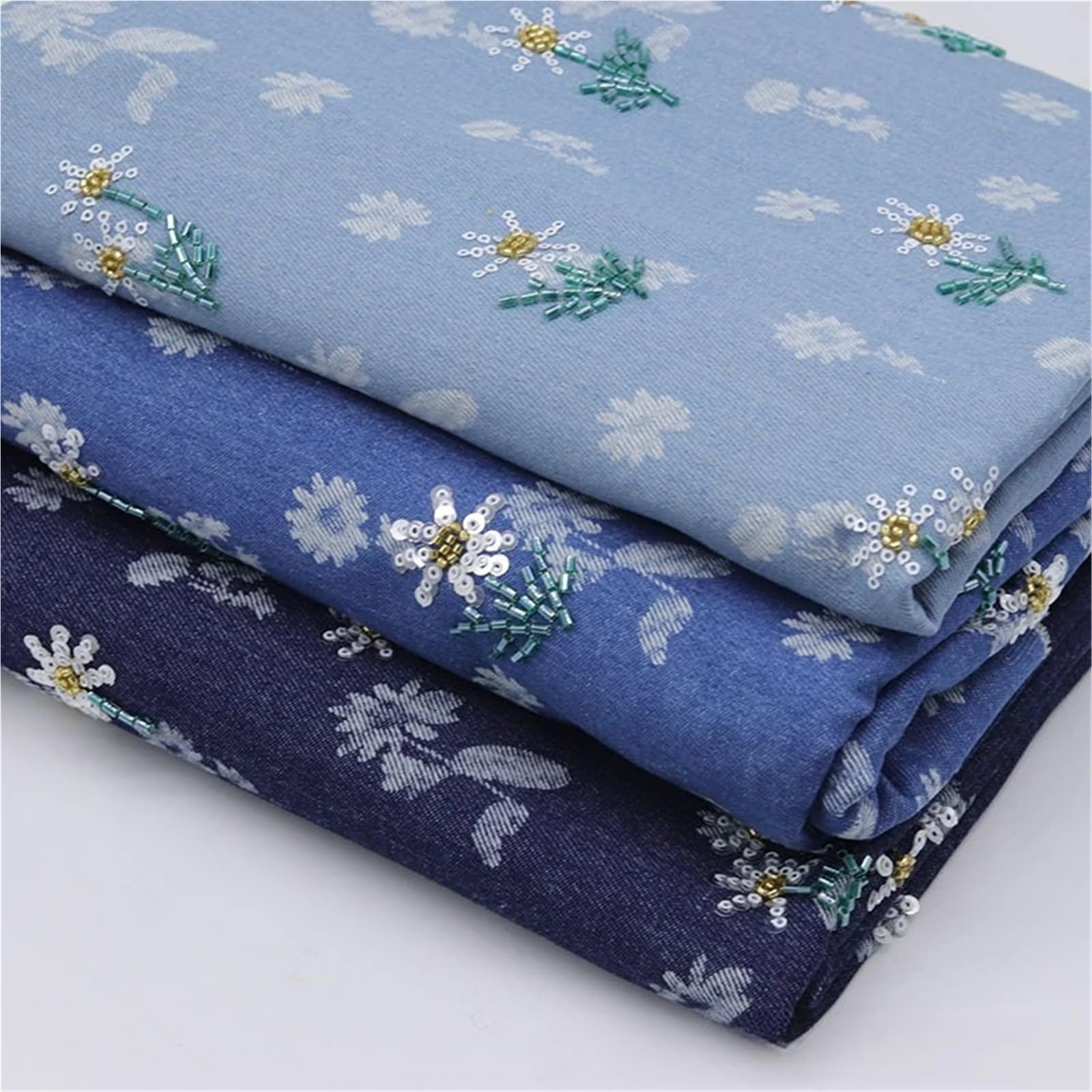 Tela Vaquera De AlgodóN Tela vaquera bordada con cuentas florales for coser chaquetas abrigos bolsos ropa Tela De Costura(Light Blue,90cmX150cm (1yard))