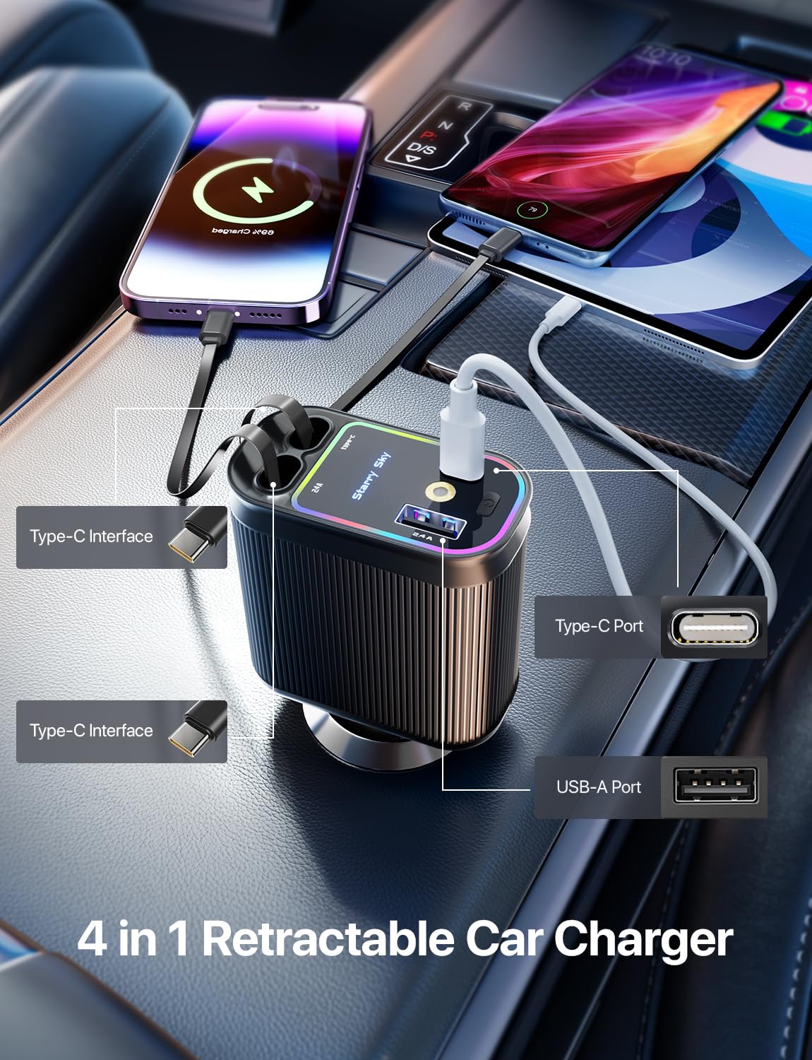 Starlight - Cargador retráctil para coche con cables dobles tipo C, 66 W, luz de estrella en el techo del coche, adaptador retráctil 4 en 1, cable USB C de carga rápida, compatible con iPhone 17/16/15