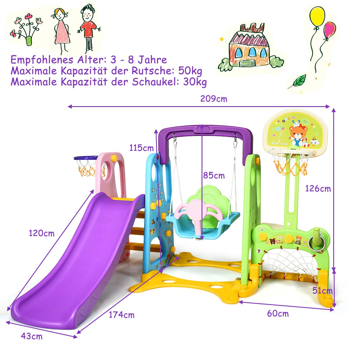 COSTWAY 6 in 1 Kinder Rutsche mit Schaukel, Kinderrutsche Indoor mit Basketballkorb & Fußballtor & Wurfspiel & Schreibtischplatte, Spielplatz Indoor & Outdoor für Kinder ab 3 Jahren