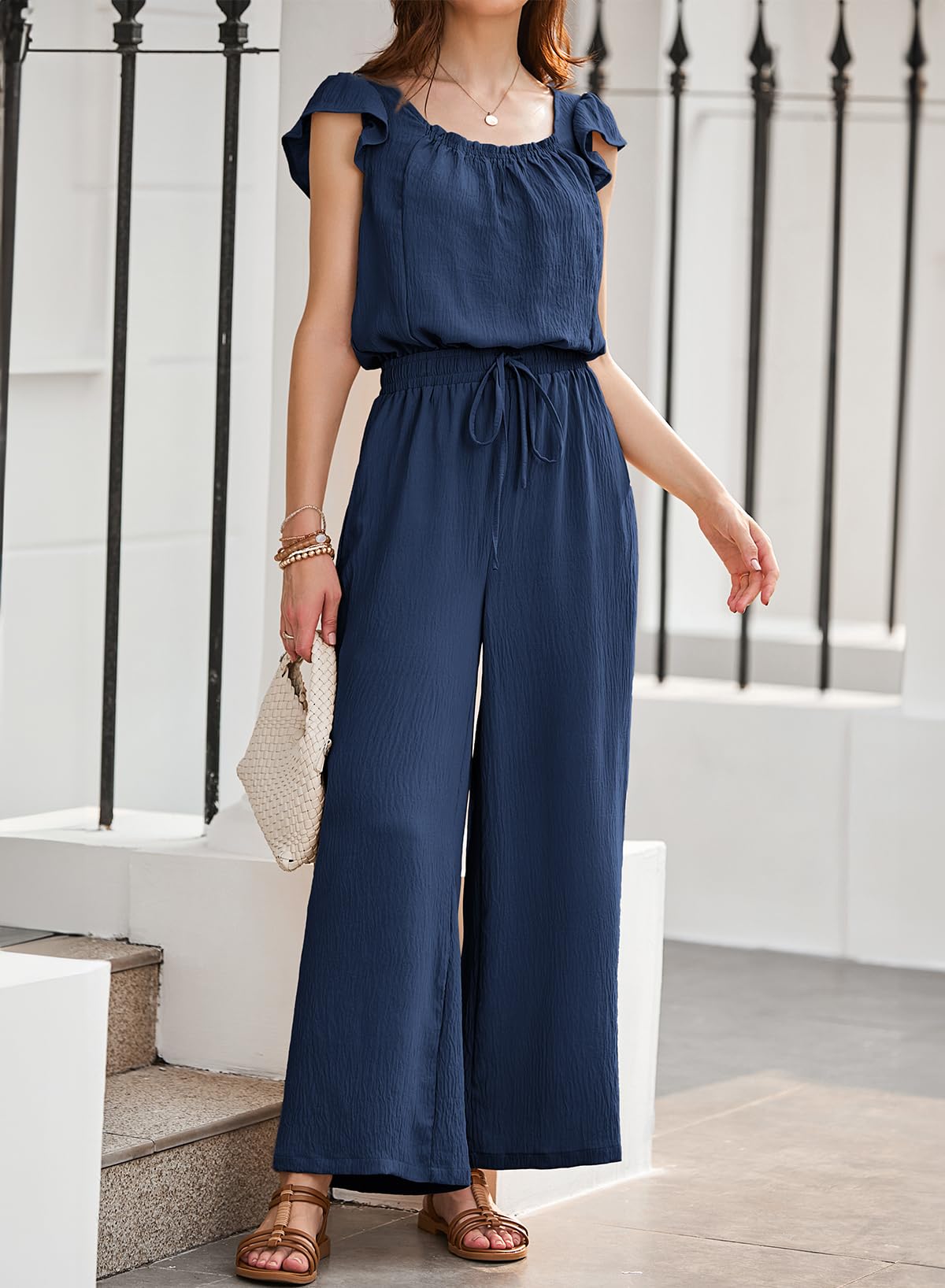 Dokotoo Jumpsuit Damen Sommer Musselin Overalls Elegant Rüschenärmel Hosenanzug Weites Bein Playsuit Lang Romper mit Kordelzug S-2XL