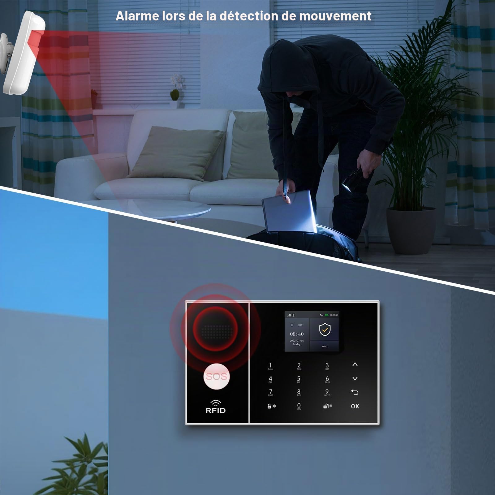 XNY Alarme Maison sans Fil Intelligent WiFi avec Caméra Surveillance Étanche IP66, 120db Sirène Kit Alarme Maison sans Fil 4G avec Caméra 1080P, Compatible avec Alexa et Assistant Google