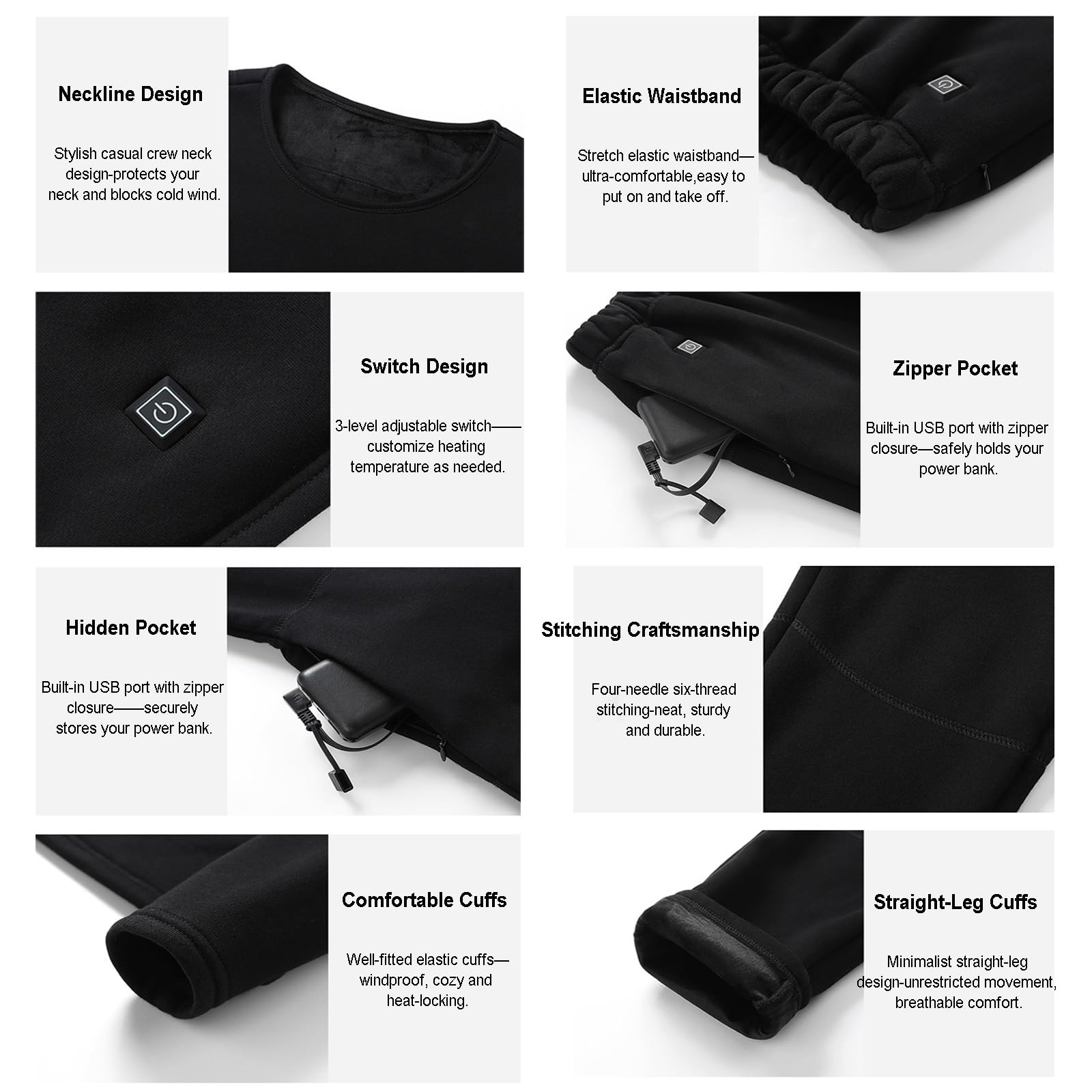 Conjunto Térmico USB Hombre Mujer, Camiseta 16 Zonas Calor Pantalón 12, Tejido Algodón Suave Transpirable, Secado Rápido Ideal Esquí Moto Trabajo Frío Invierno Unisex Cálido Cómodo