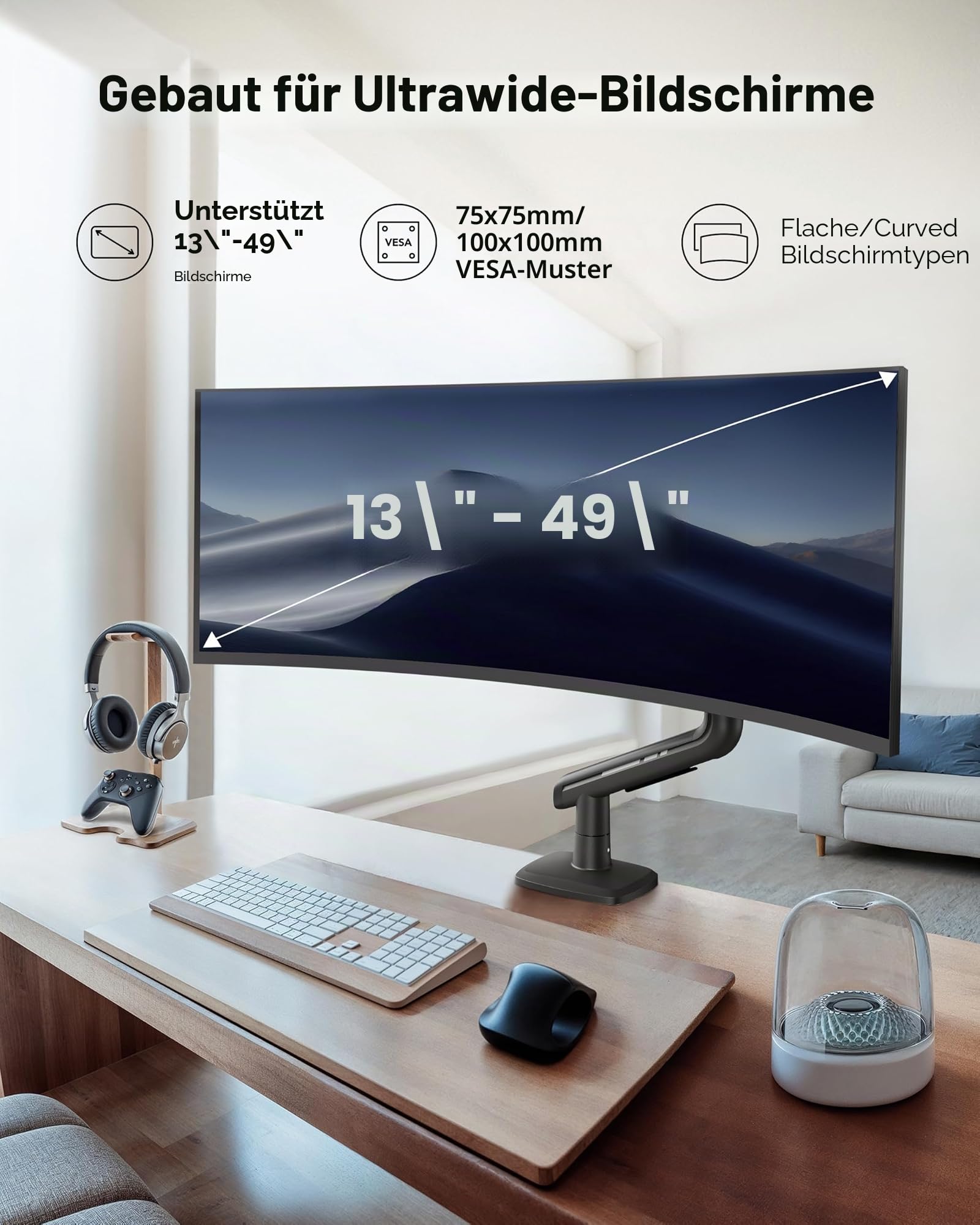 HUANUO Monitor Halterung für Ultrawide-Bildschirme bis 49 Zoll, Hält 18 kg, Ultrawide Bildschirmhalterung, Vollständig Verstellbarer Monitorarm mit C-Klemme, Durchbruchbasis, max. VESA 100x100mm