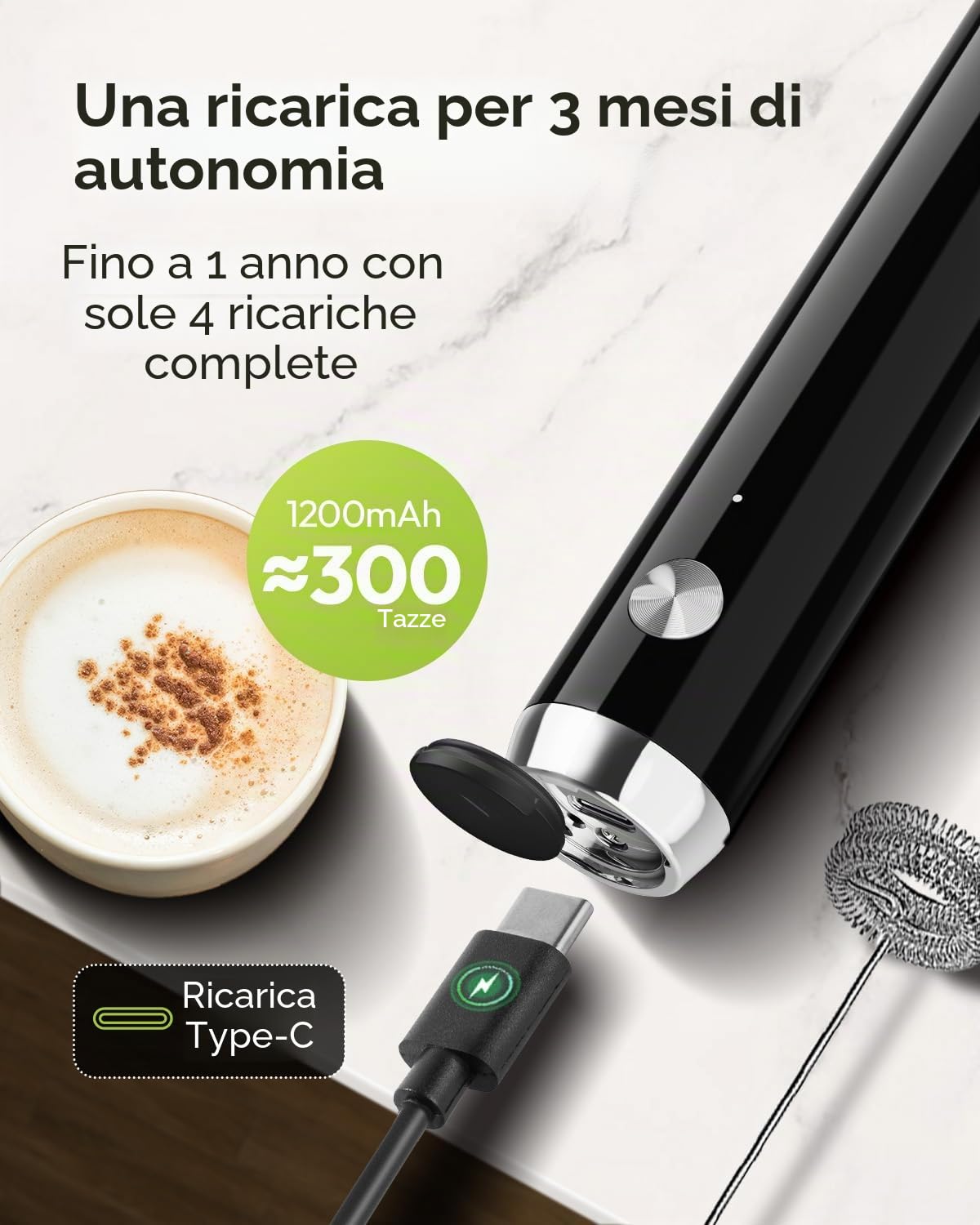Maestri House Montalatte Elettrico, Impermeabile Portatile Frullino Montalatte Cappuccinatore Elettrico, Potente Frullatore in Acciaio Inox per Latte, Matcha, Cappuccino,