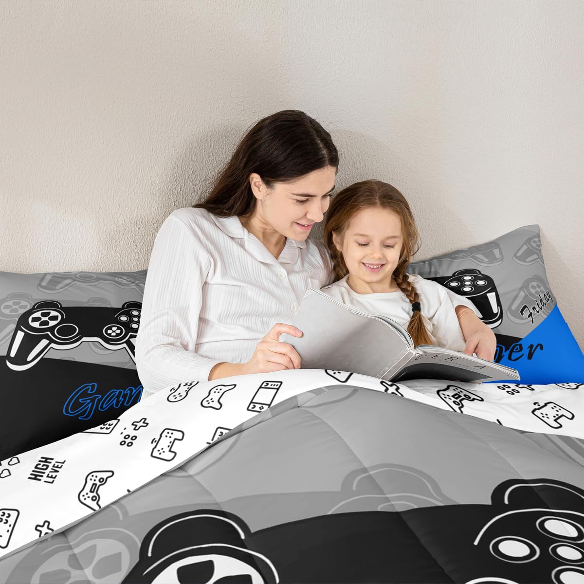 Feelyou Gaming-Bettwäsche-Set für Jungen, Teen Videospiel, für Kinder, Gamer, Schmusetuch für alle Jahreszeiten, Gamepad, Heimdekoration für Schmusetuch, Doppelgröße, Schwarz, Grau