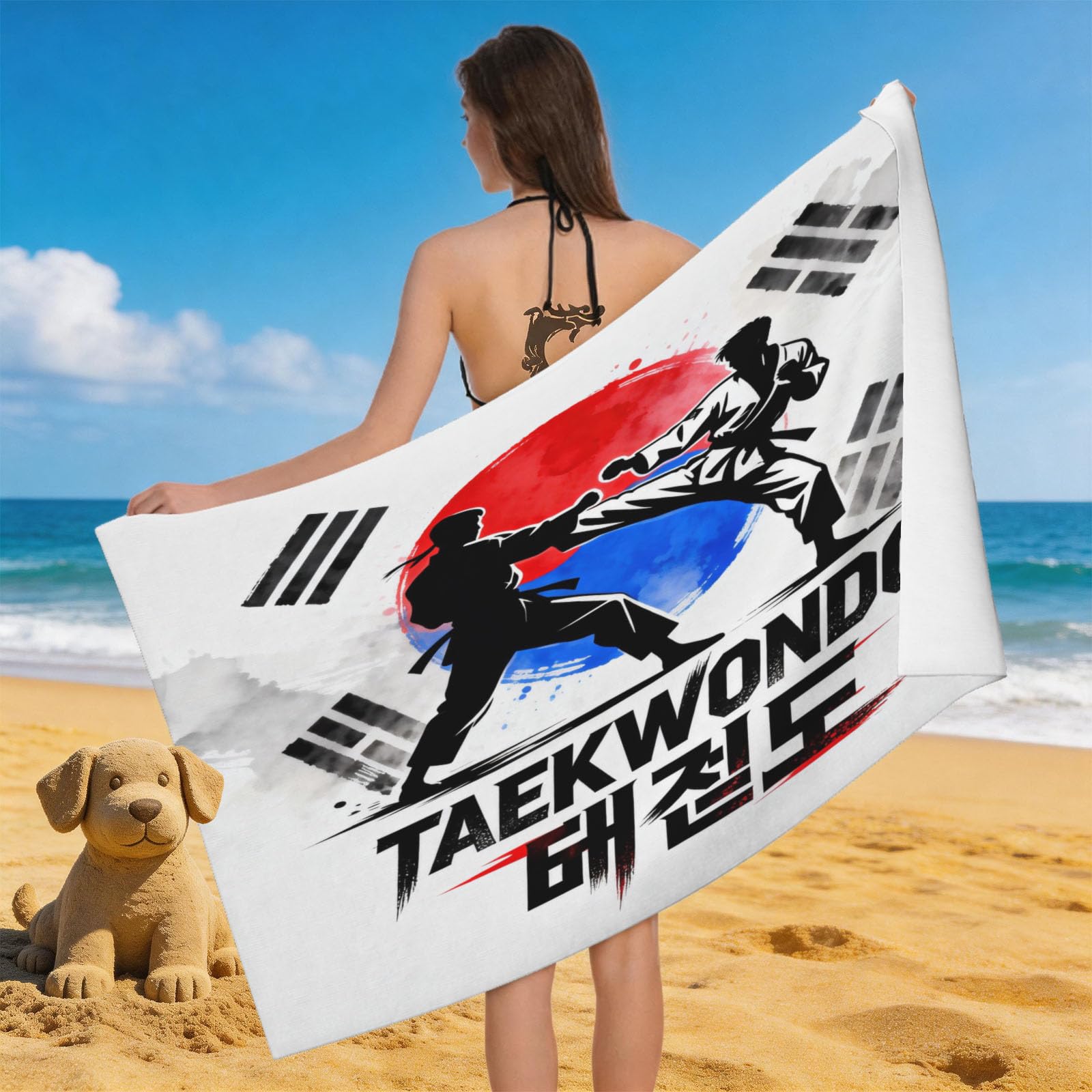 Leichong Men's White 3D Taekwondo Beach Towel Microfiber Soft Quick Dry For Adults, Martial Arts Silhouette Bath Towel Lightweight Soft Absorbent For Travel Swimming Pool Sports, 75 X 150 Cm