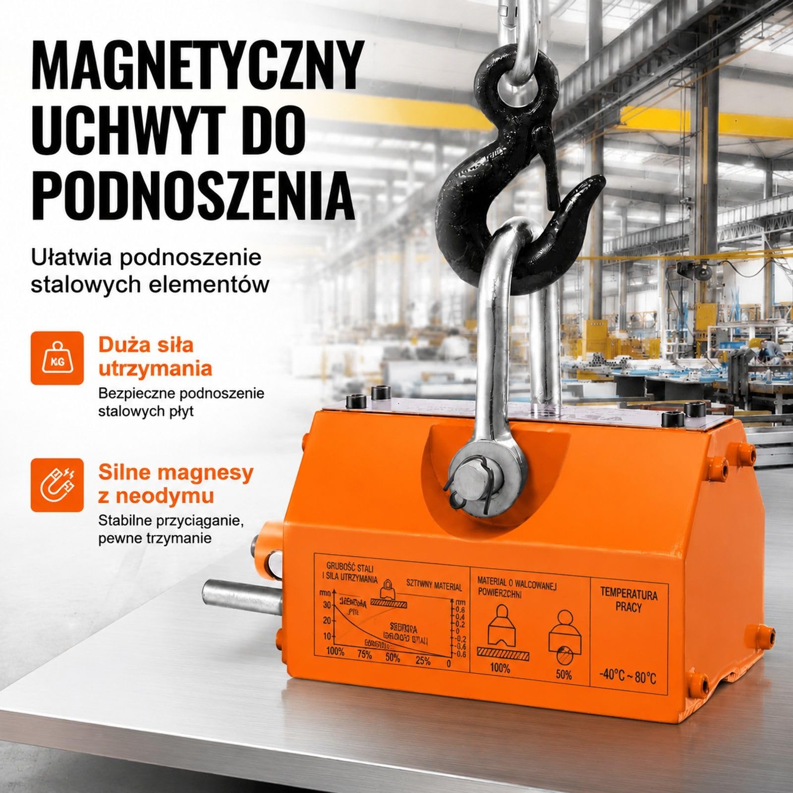 Magnes trwały 300 kg, żółty neodymowy podnośnik dźwigowy z hakiem i rowkiem U do blachy stalowej oraz okrągłych prętów