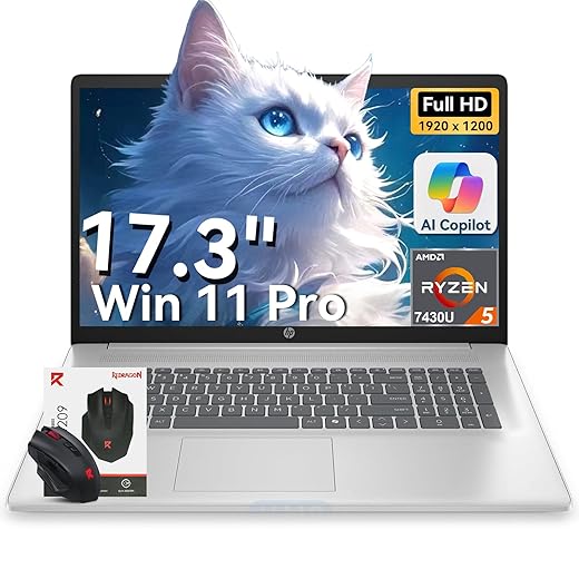 HP 17 inch laptops, AMD Ryzen 5 7430U(Beats i7-1165G7), 16GB RAM 512GB NVMe SSD Windows 11 Pro, 17.3" FHD IPS, Copilot AI, Numeric Keyboard, Type-c, Patented KB Kit