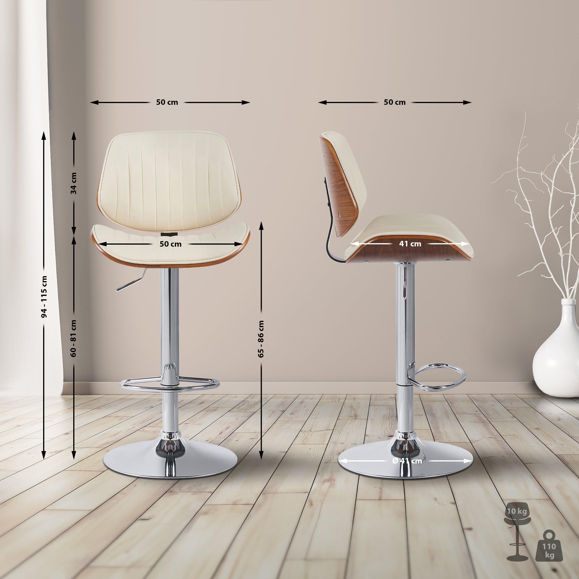 CLP Sgabello da bar Clawson rivestito in similpelle I Sgabello da bar con struttura in legno curvato, regolabile in altezza e girevole | Colore noce/crema Colore del telaio cromo