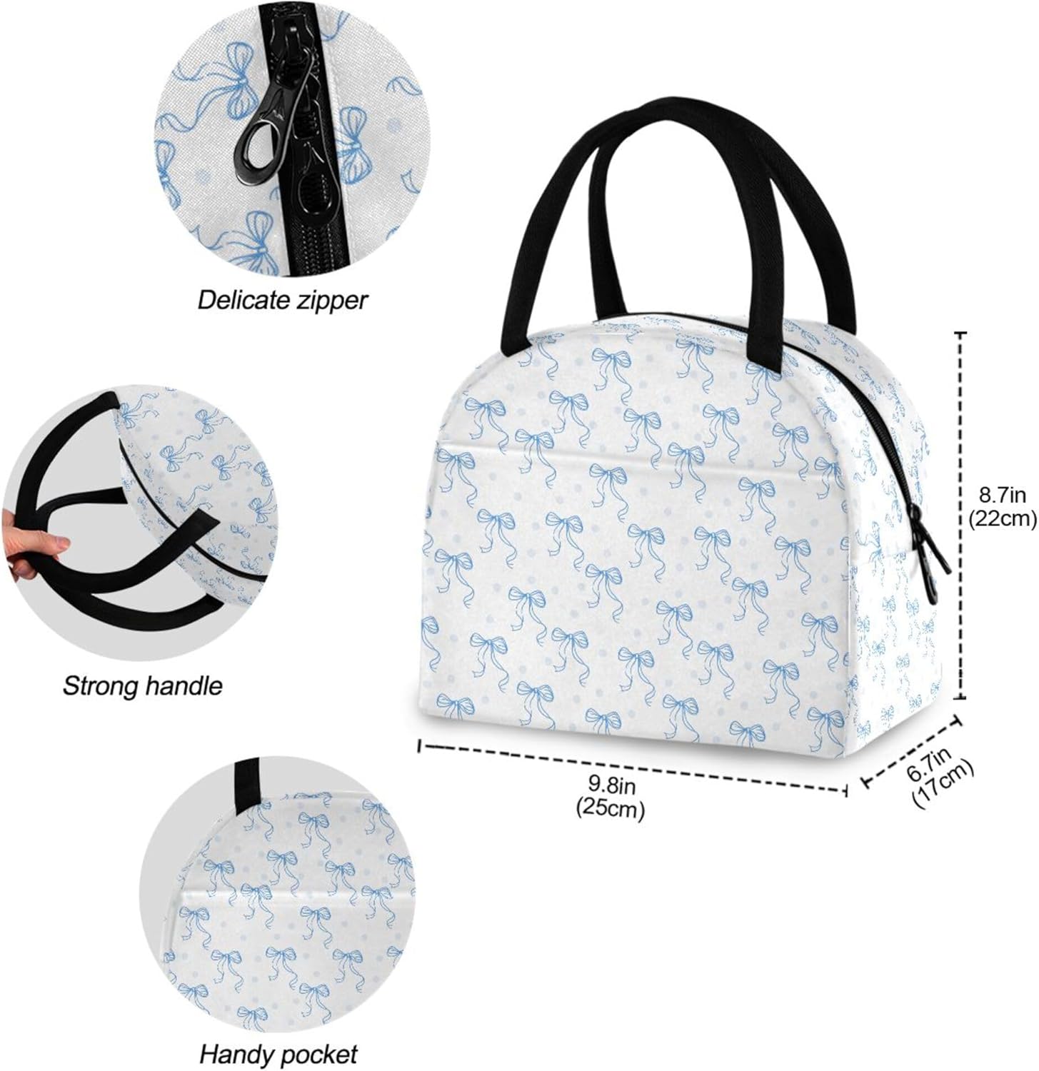 Wamika Bowknot Lunch Bag For Women Men, Blue Bow Insulated Womens Lunch Bag For Work Lunch Box for Girls Boys Reusable Lunch Tote Bag for Picnic Travel School - Image 3