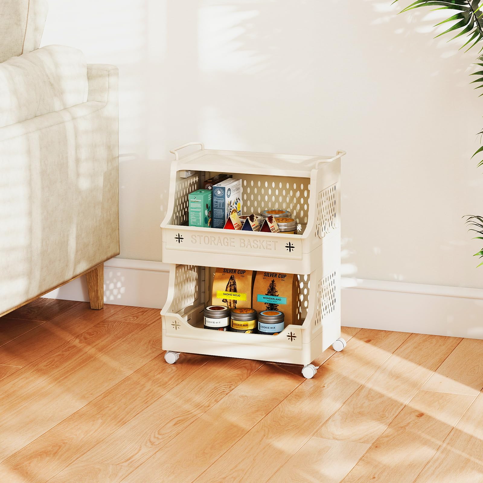 COSTWAY Carrello Portaoggetti Impilabile a 3 Piani con Ruote, Organizzatore in Plastica con Maniglie e Ganci, per Lavanderia, Bagno e Soggiorno (3 Livelli)